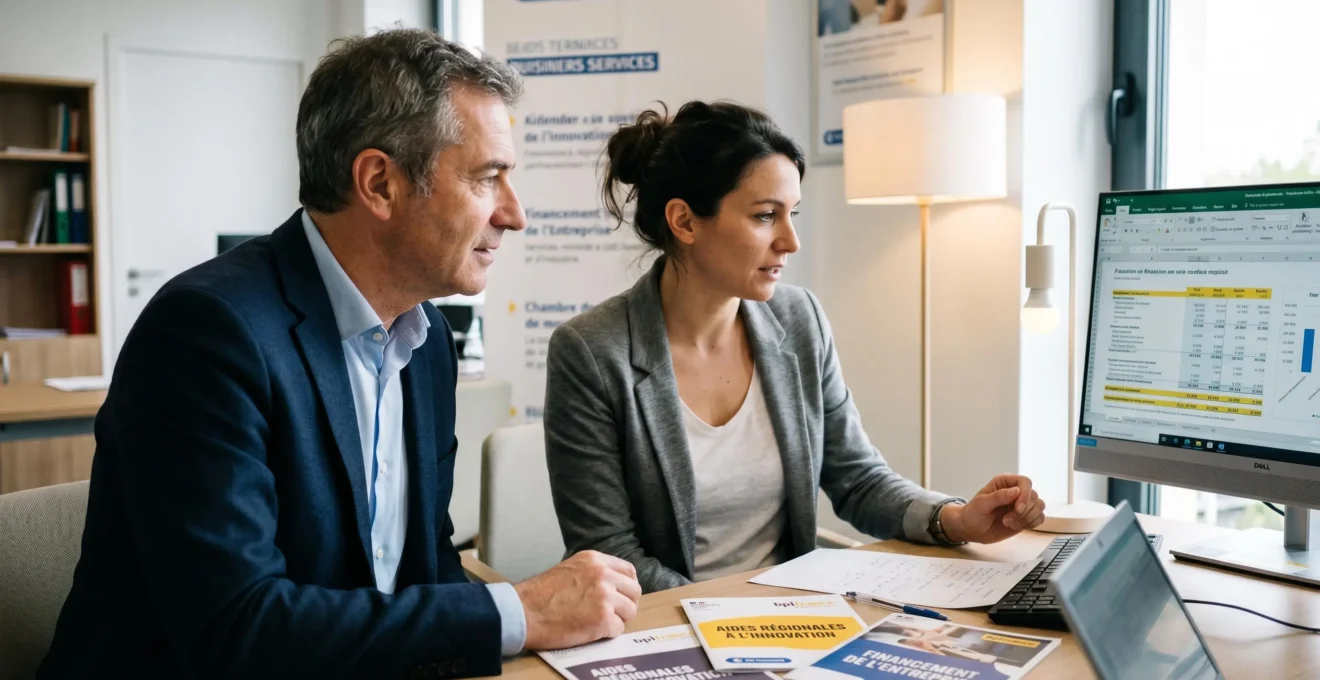 Conseiller professionnel accompagnant un porteur de projet de franchise dans l'étude de son dossier de financement lors d'un entretien en agence CCI