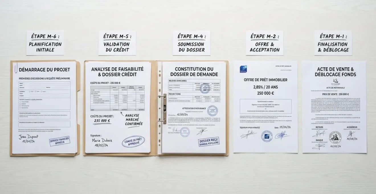 Timeline photographiée présentant horizontalement les cinq étapes chronologiques de sollicitation des aides financières de M-6 à M-1 avant ouverture de franchise